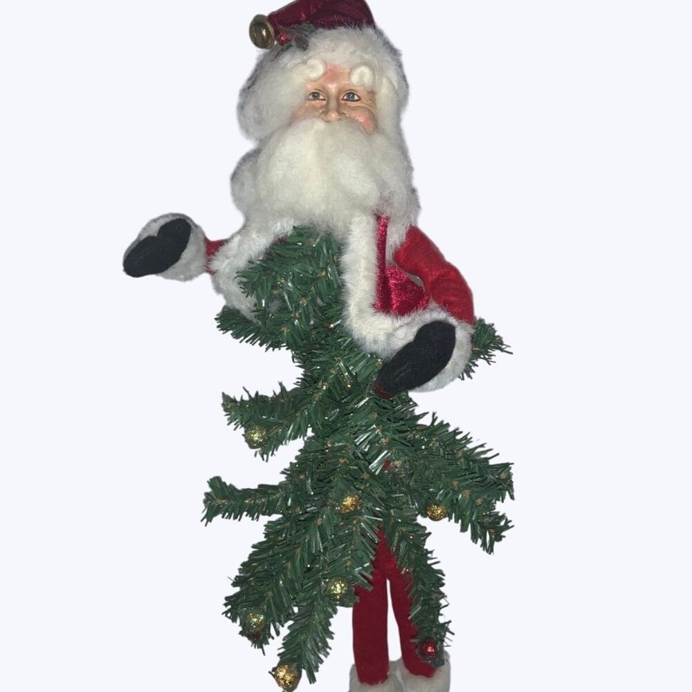 Vintage Santa Claus Figurine With Faux Tree & Bell Hat 12" Tall Holiday Decor